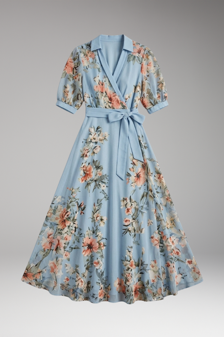 womens floral dress midi Women's Midi Dress - V-Neckline - Floral Print - Comfortable Polyester  Fabric
