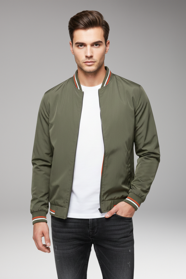 Men’s Bomber Jacket with Front Zip and Ribbed Edges
