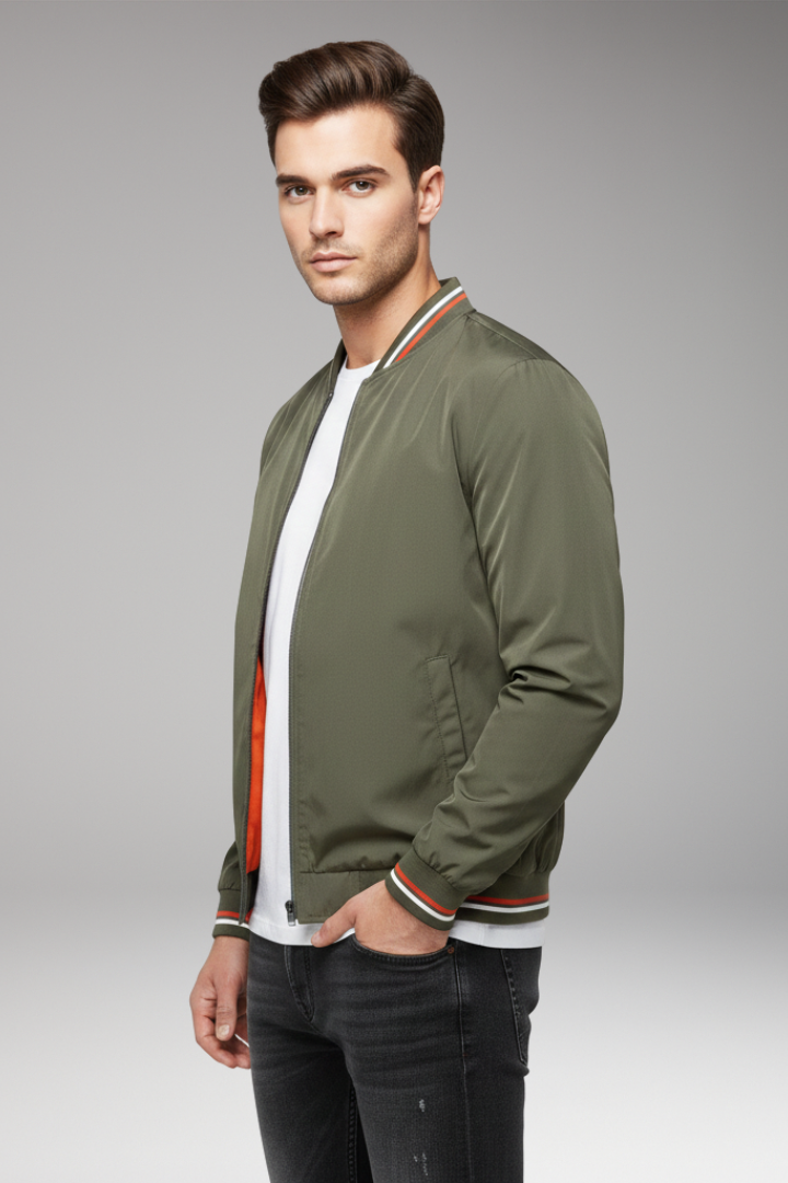 Men’s Bomber Jacket with Front Zip and Ribbed Edges