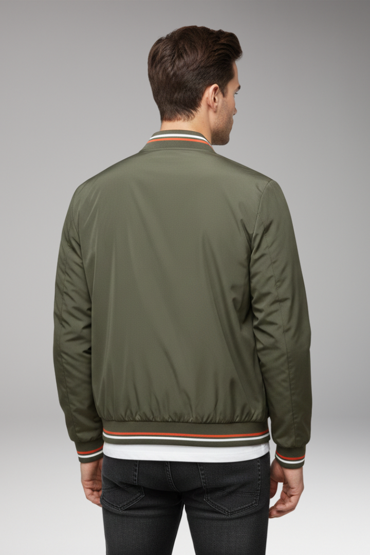 Men’s Bomber Jacket with Front Zip and Ribbed Edges