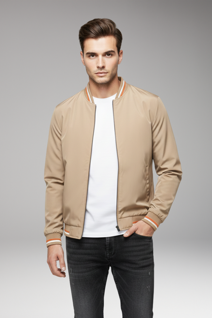 Men’s Bomber Jacket with Front Zip and Ribbed Edges