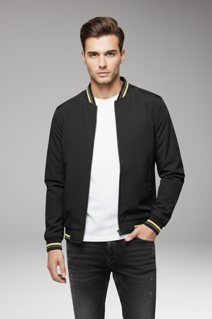 Men’s Bomber Jacket with Front Zip and Ribbed Edges