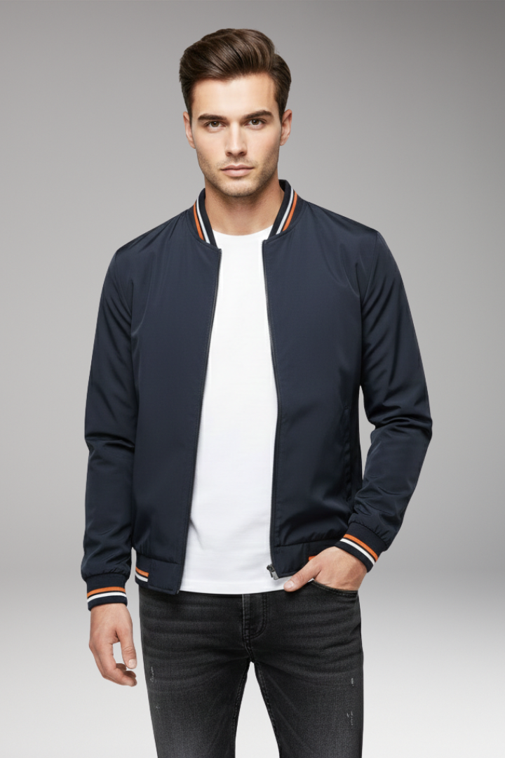 Men’s Bomber Jacket with Front Zip and Ribbed Edges
