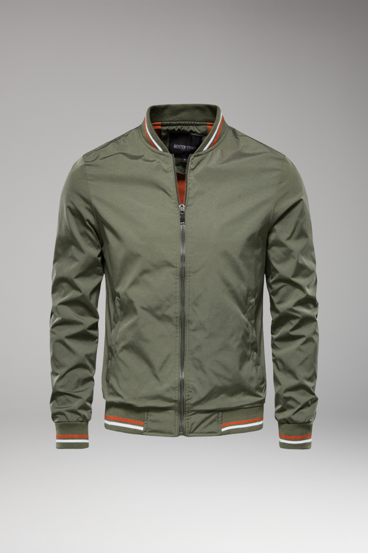 Men’s Bomber Jacket with Front Zip and Ribbed Edges