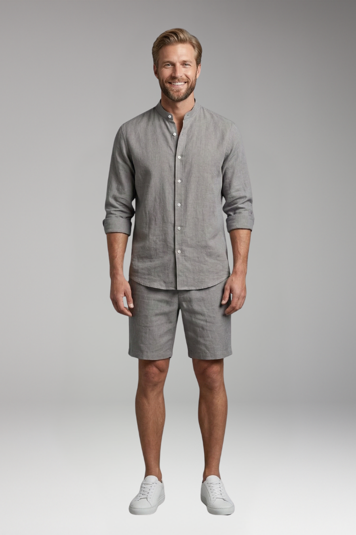 Men’s Two-Piece Set with Button-Up Shirt and Relaxed Fit Shorts