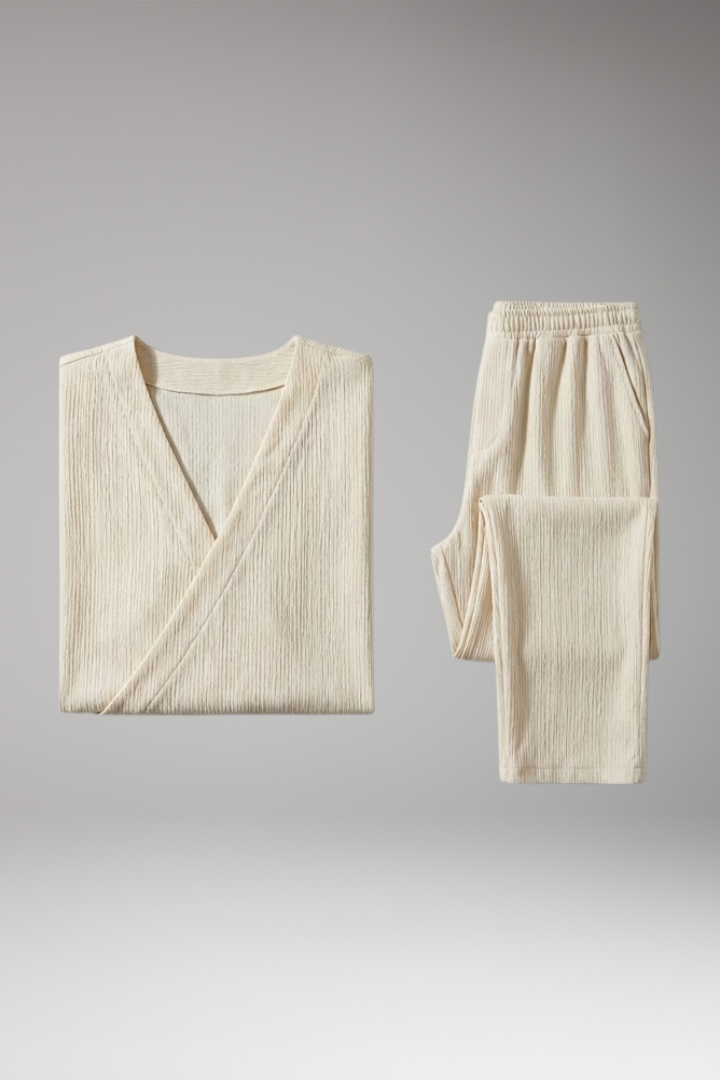 Men’s Two-Piece Set with V-Neck Top and Relaxed Fit Trousers