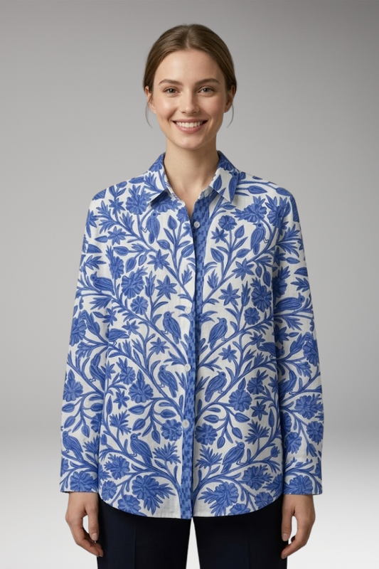Women's Blouse with Floral Print and Bird Motif