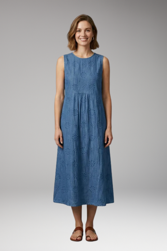 Women's Dress with Floral Embroidery and Side Pockets