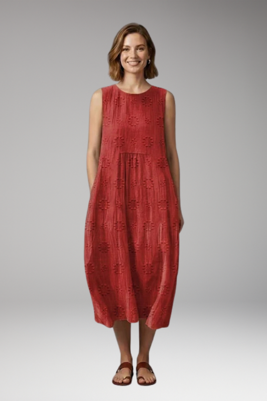 Women's Dress with Floral Embroidery and Side Pockets