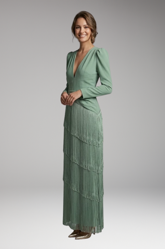 Women's Evening Dress with Long Sleeves and Tassel Hem