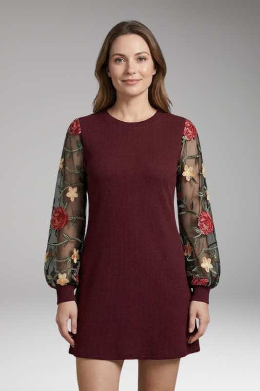 Women's Floral Embroidered Bishop Sleeve Dress with Sheer Sleeves