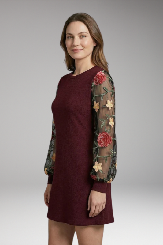 Women's Floral Embroidered Bishop Sleeve Dress with Sheer Sleeves