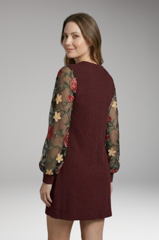Women's Floral Embroidered Bishop Sleeve Dress with Sheer Sleeves