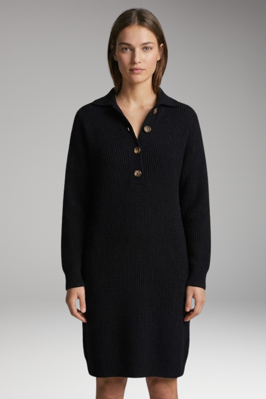 Women's Midi Dress with Button Collar and Straight Cut