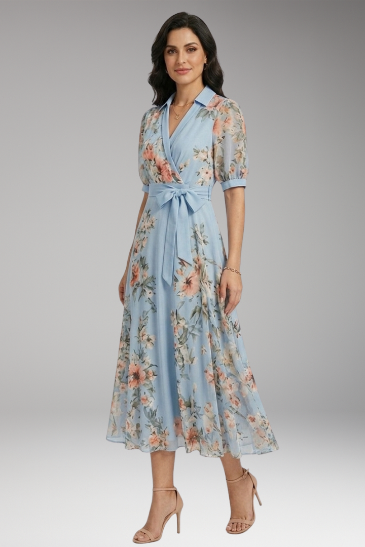 womens floral dress midi Women's Midi Dress - V-Neckline - Floral Print - Comfortable Polyester  Fabric