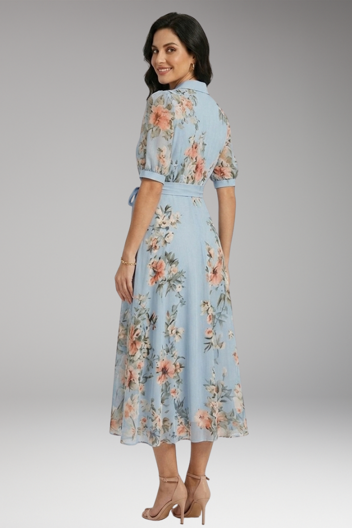 floral midi dress womens Women's Midi Dress - V-Neckline - Floral Print - Comfortable Polyester  Fabric